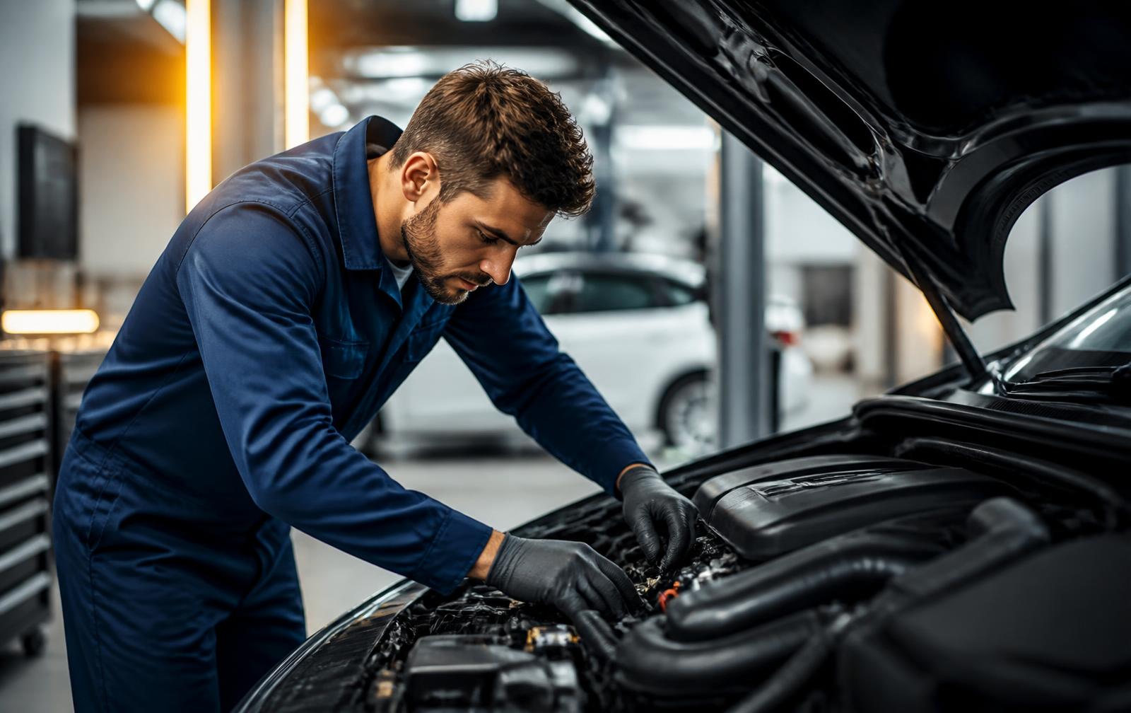 Mechanic in navy workwear checking the engine bay of a car inside a clean workshop